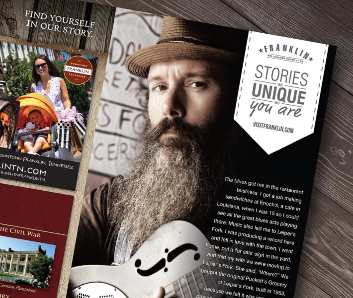 A design brochure featuring a picture of a man with a beard.