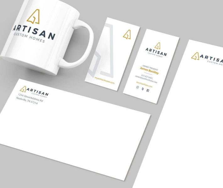 A branding and design package for an artisan, including a business card, mug, and stationery set.