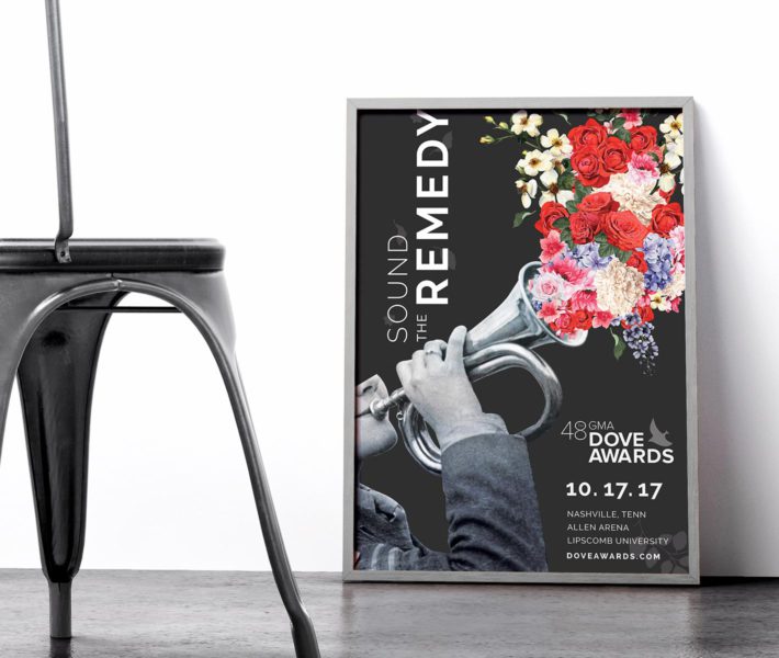 A poster with flowers and a trumpet in front of a chair, showcasing an elegant design.