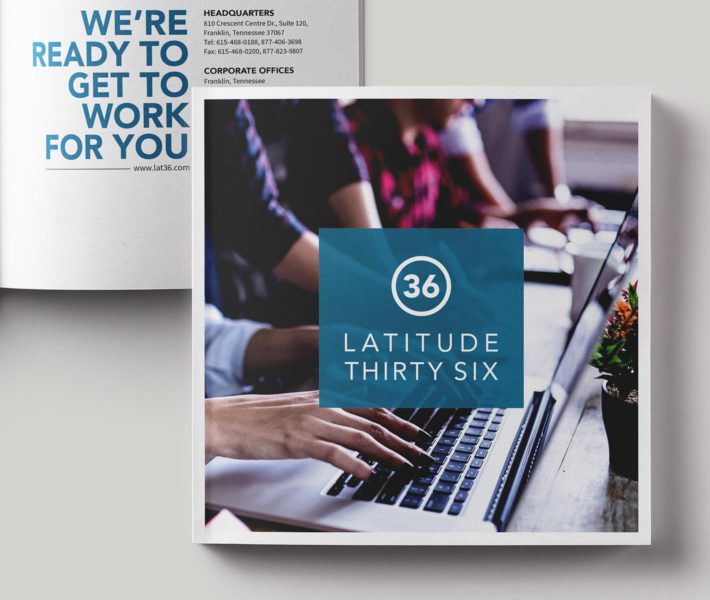 A brochure featuring a modern design that showcases the brand's unique identity and branding, with an emphasis on latitude and work at thirty six.